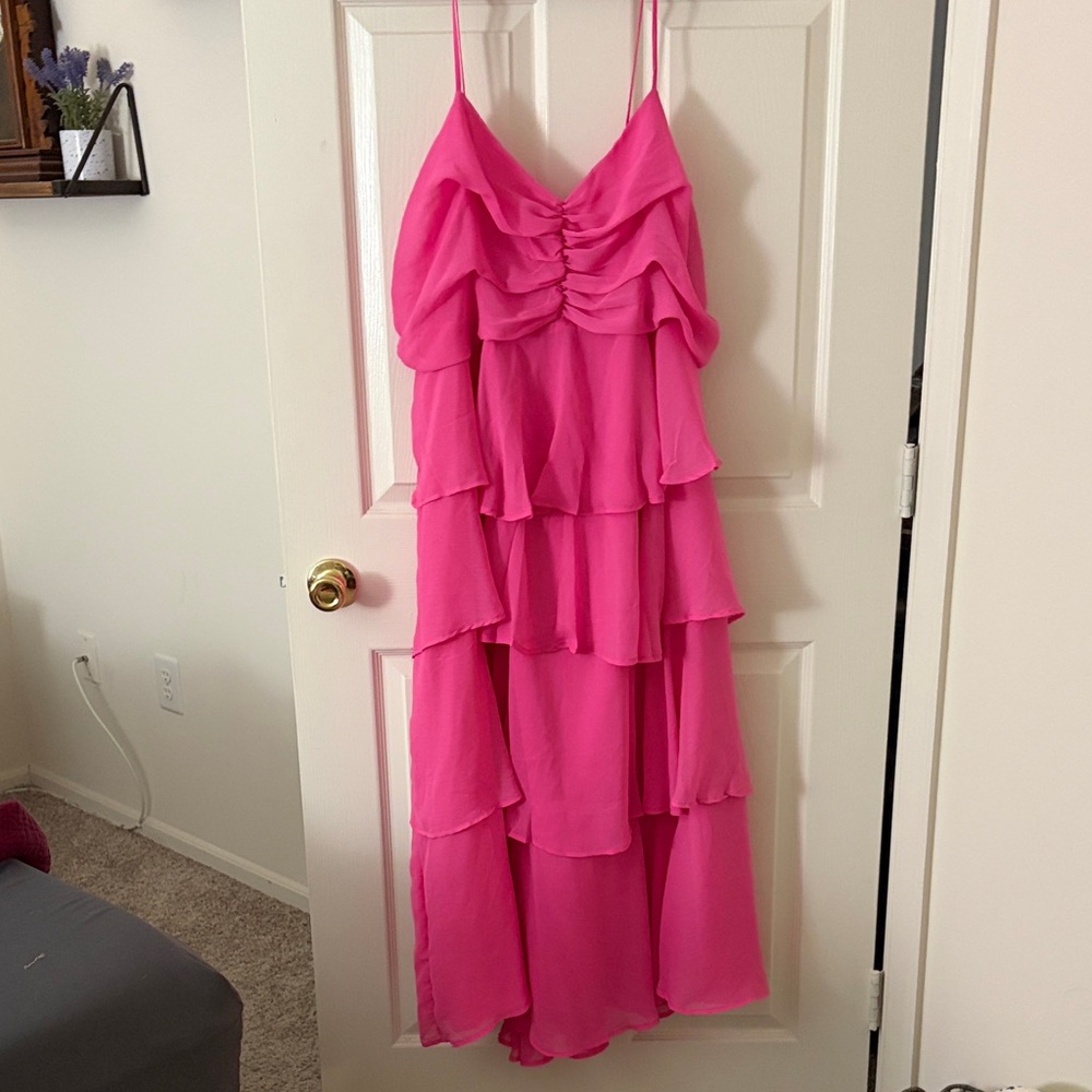 Pink Tiered Ruffle Spaghetti Strap Dress